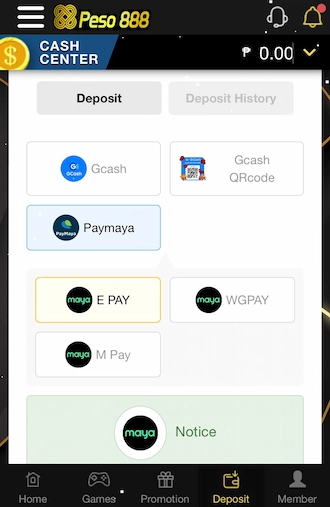 Step 1: Select PayMaya deposit method.