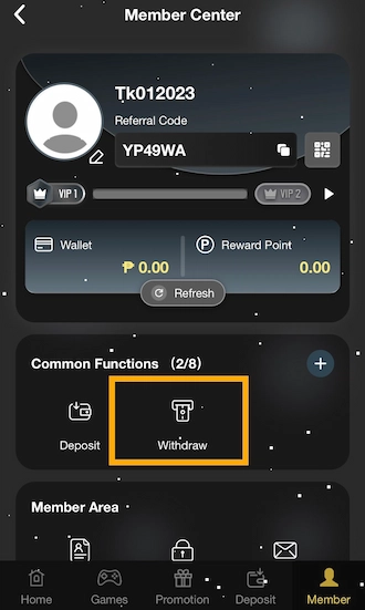 Step 1: Access the Member and select Withdraw.